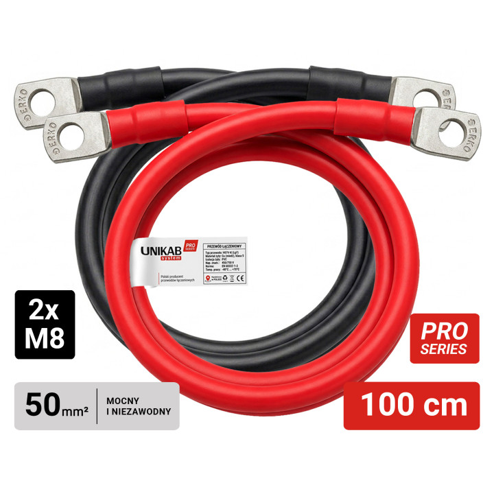 Zestaw przewodów łączeniowych LGY 50mm² z końcówkami oczkowymi M8-M8 czerwony/czarny - 100 cm