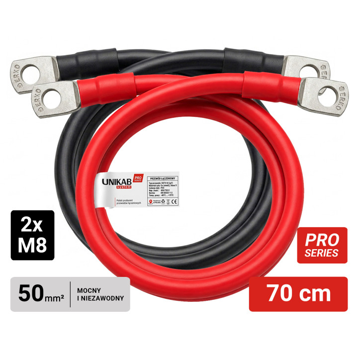 Zestaw przewodów łączeniowych LGY 50mm² z końcówkami oczkowymi M8-M8 czerwony/czarny - 70 cm